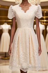 Short Sleeves Short Champagne Lace Semi Formal Prom Dresses, Short Champagne Lace Formal Wedding Dresses